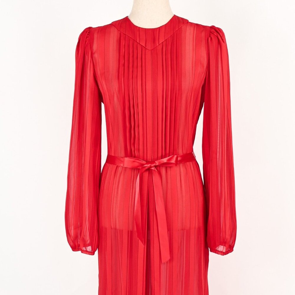 Vintage 80s Red Striped TAILLEUR Sheer Chiffon Long Sleeve Midi Dress - 7/8